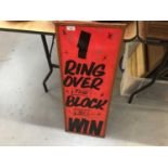 Vintage fairground sign '1 ring over the block to win', 85 x 31.5cm