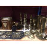 Mixed lot of brass ware, carving set, wooden cased clock and other time pieces