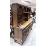Old Charm oak two height dresser with open shelves and two cupboards above enclosed by leaded glazed