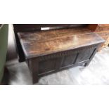 Antique carved coffer with carved and panelled decoration, 119cm wide, 48cm deep, 61cm high