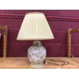 Floral pattern ginger jar style base table lamp, with pleated shade, cable and plug