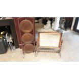 Inlaid mahogany three tier folding cake stand together with an oak bevelled swing mirror on spiral t