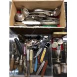 Collection of penknives, plated cutlery, pair of French silver spirit measures, silver egg cup and o