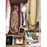 Group of vintage simulated pearl necklaces, enamelled brooches and other costume jewellery