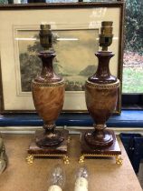 Pair of Italian onyx and gilt metal urn-form lamps, 33cm high