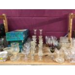 Selection of wine glasses, candle sticks, tumblers, and boxed Darlington cut glsss