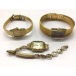 9ct gold cased wristwatch on plated bracelet and two other gold plated watches