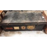 Vintage tin trunk, together with another trunk and two leather suitcases (4)