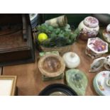 Five 19th century Staffordshire pot lids, together with alabaster items.