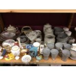 Grey glazed earthenware mugs and bowls plus selection of other china (1 shelf)