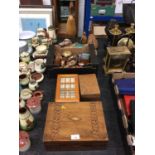 A Victorian work box, other wooden items including novelty treen bottle stoppers, ducks, etc