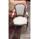 French style open elbow chair with pale green upholstery on cabriole legs