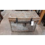 Two wicker baskets with hinged lids and rope handles, 77cm wide, 42cm deep, 51cm high and 72cm wide,