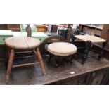 Milking stool, seagrass stool, footstool with padded top, small shelf and an oak table (5)