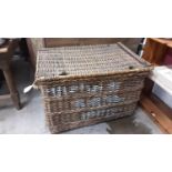 Large wicker log basket with hinged lid and rope handles, 105cm wide, 70cm deep, 66.5cm high