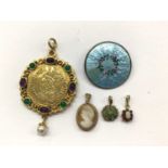 9ct gold mounted cameo pendant, two other 9ct gold gem set cluster pendants, antique silver enamelle