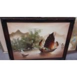 Peter: Sampan boats in river, oil on canvas, framed