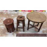 Old stool, inlaid occasional table with octagonal top and a folding table with circular brass top (3