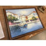 Billis: Mediterranean harbour scene, oil on canvas on board, framed