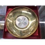 Greek silver and brass dish with Coptic cross design, signed Lalaounis, 20cm diameter, cased