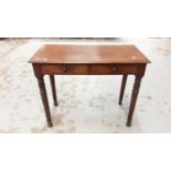 Victorian mahogany side table with single drawer on turned legs, 86cm wide, 40cm deep, 70cm high