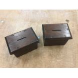 Pair of old wooden money boxes, stamped E R