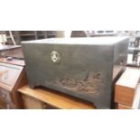 Oriental hardwood camphor wood blanket box with carved decoration, 102cm wide, 52cm deep, 58cm high
