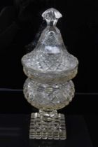 19th century diamond cut glass and cover, fan-shaped decoration around the rim, 36cm height