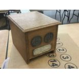 1930's Oak cigarette box / dispenser with applied silver plaque and Royal Artillery badge.