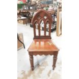 Victorian Gothic hall chair with pierced decoration on faceted front legs