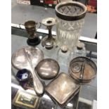 Group of silver including trophy, one candlestick, wine coaster, mirror, cigarette case, salt, silve