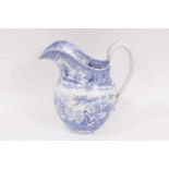 An unusual blue printed Lavinia pattern helmet shaped jug