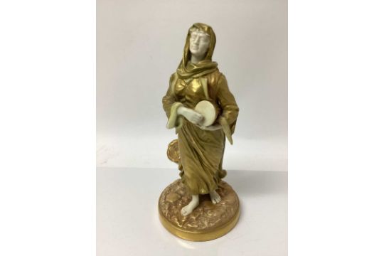 An early 20th century Royal Worcester figure of a musician, modelled in gilt as a lady with a drum, - Image 1 of 7