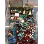 Costume jewellery including various bead necklaces, earrings, two buckles, pair of mother of pearl o