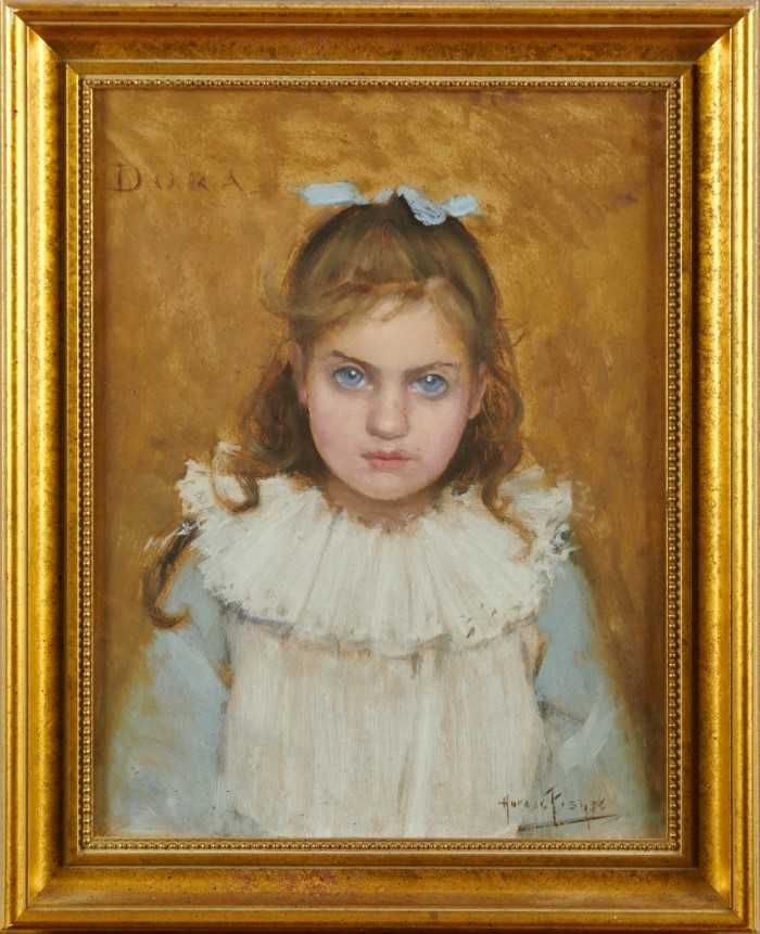 Horace Fisher (1861-1934) oil on board - portrait of a young girl, 'Dora', Dorothy Green, signed, la