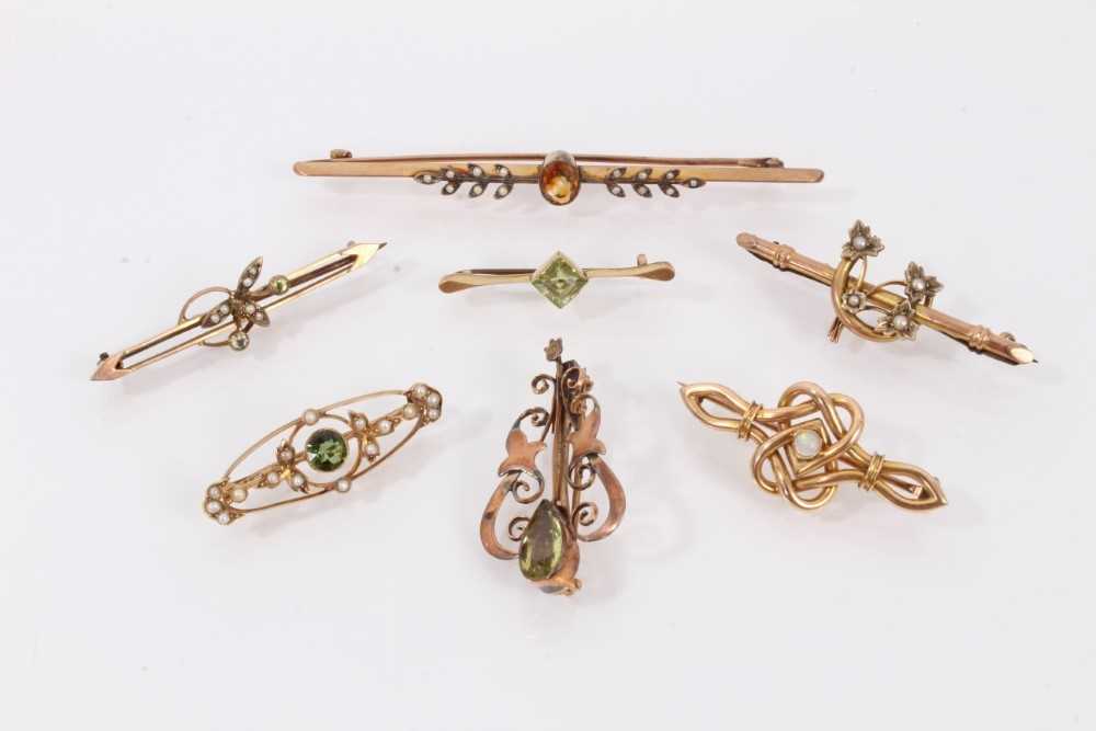 Group of seven Victorian and Edwardian gold gem set and seed pearl bar brooches