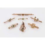 Group of seven Victorian and Edwardian gold gem set and seed pearl bar brooches