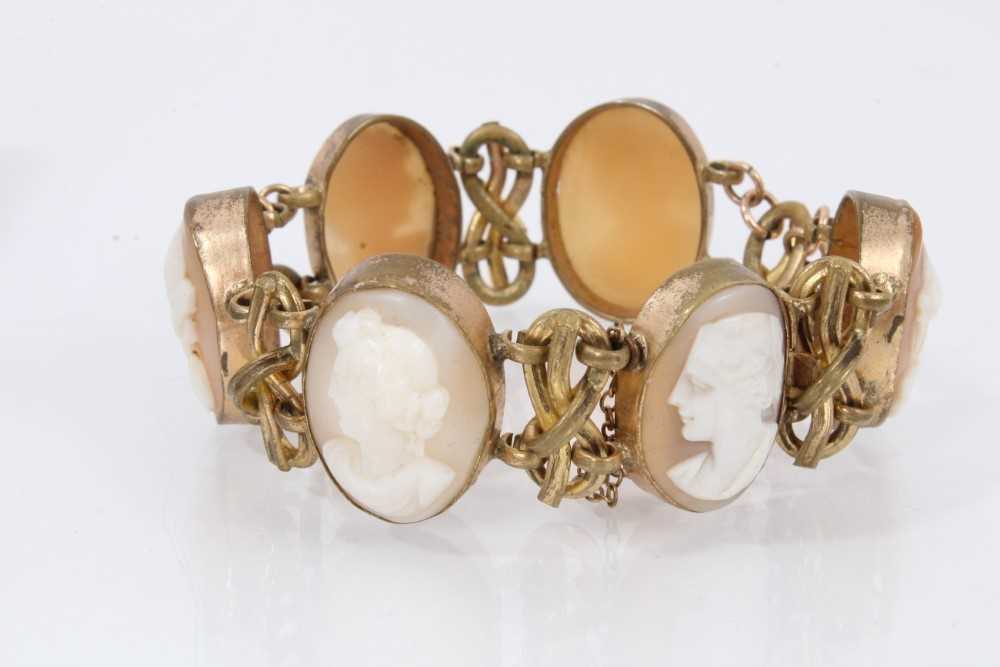 Group of cameo jewellery to include three gold mounted brooches, earrings and an antique cameo brace - Image 2 of 4