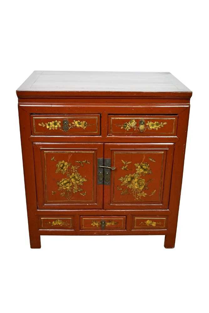 Chinese lacquered cabinet, with projecting top and side drawer, with two short drawers and cupboard