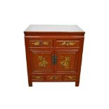 Chinese lacquered cabinet, with projecting top and side drawer, with two short drawers and cupboard