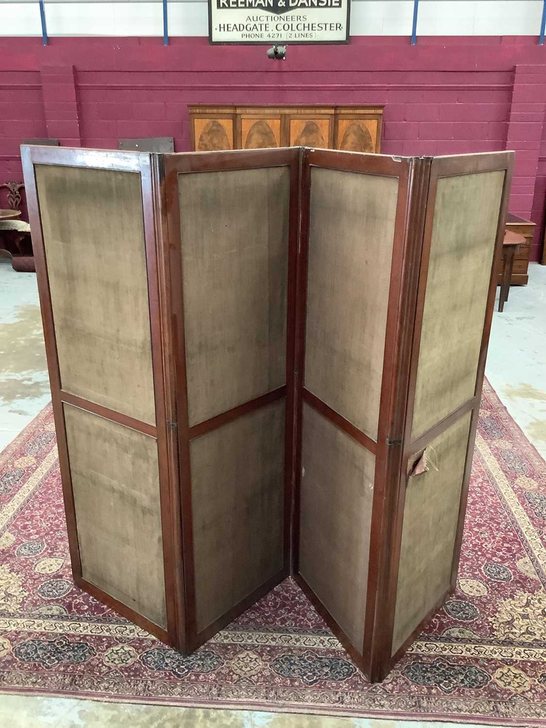 Late 19th/early 20th century mahogany framed brass mounted four-fold screen