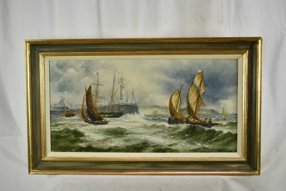 English School, circa 1880, pair of oils on canvas - a tug pulling a two masted vessel and other shi - Image 2 of 8