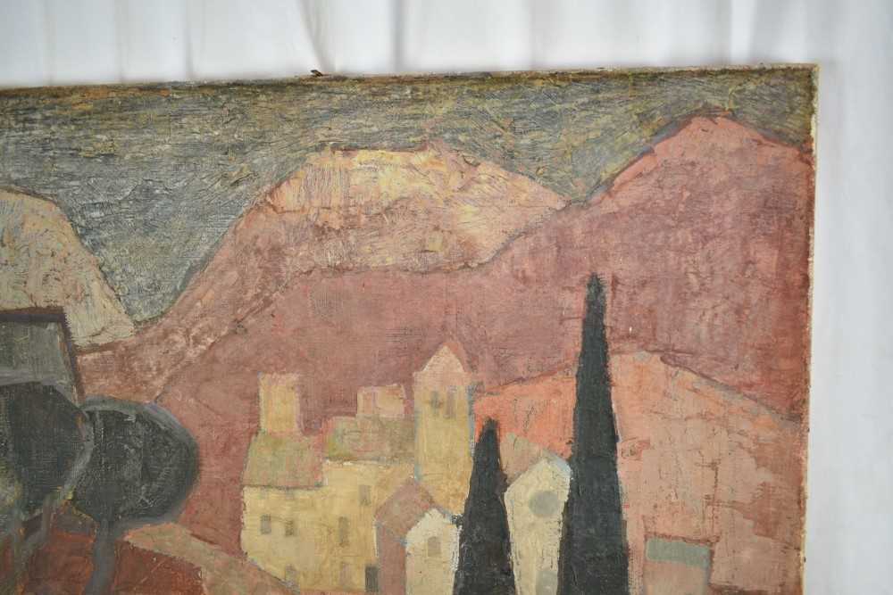 Mid 20th century, oil on canvas, Mediterranean Town, signed with initials M.K., 76cm x 63cm, unframe - Image 7 of 9