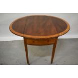 George III mahogany and satinwood cross banded oval Pembroke table with drawer on inlaid square tape