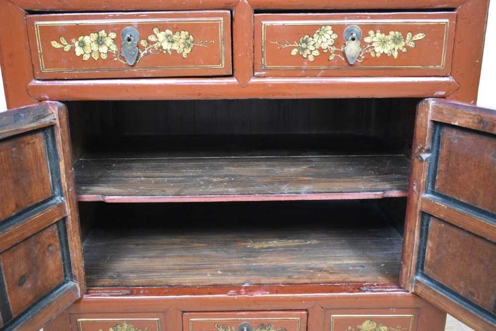 Chinese lacquered cabinet, with projecting top and side drawer, with two short drawers and cupboard - Image 9 of 10