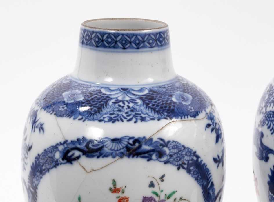Pair of 18th century Chinese blue and white porcelain vases with polychrome painted decoration. - Image 2 of 6