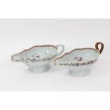 Pair of 18th century Chinese export porcelain sauce boats (both damaged / restored)