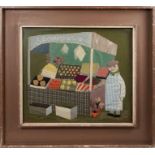 M. E. Ward - fabric collage, Mr Sparrow's Market Stall, Ex Collection Nottingham Education Committee