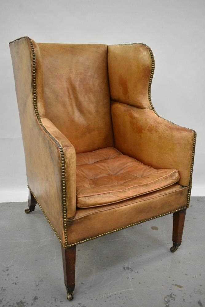 19th century leather upholstered wing armchair - Image 4 of 14