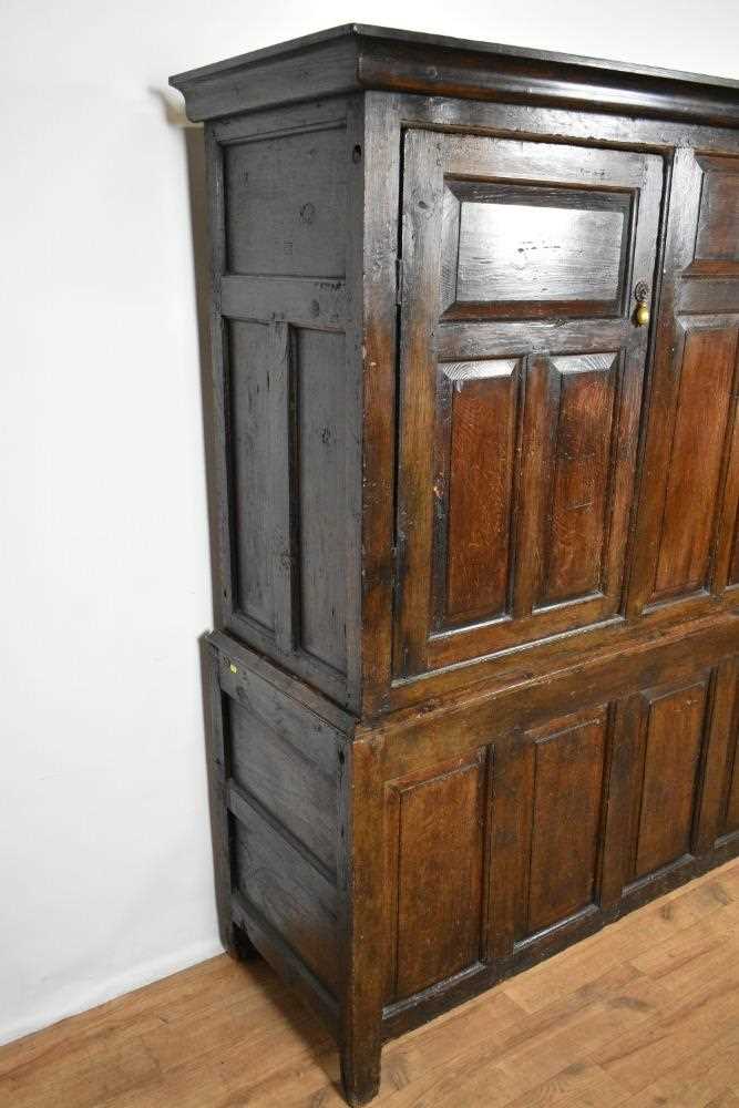 Very large mid 18th century panelled oak and pine two height cupboard - Image 2 of 7